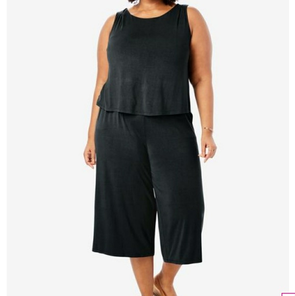 Pants - Woman Within Popover Wide Leg Pocketed Jumpsuit